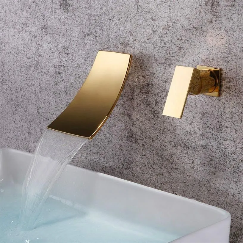 Ouro preto separado torneira da pia do banheiro fixado na parede estilo cachoeira misturador de água fria chrome tap310q