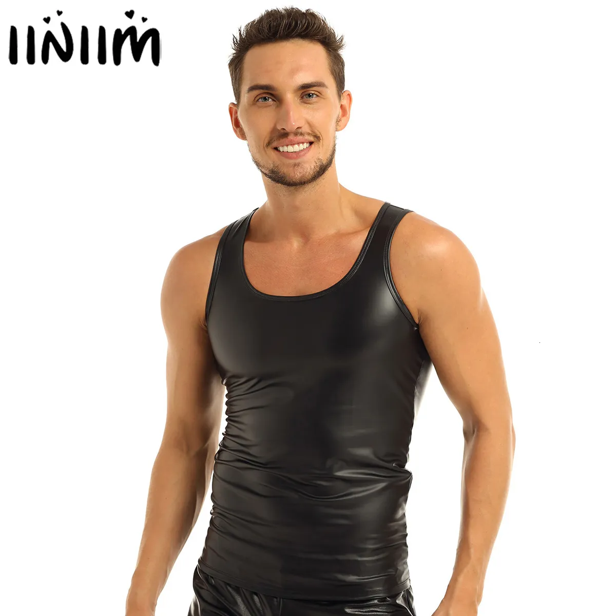 Men's Tank Tops iiniim Mens Moto Lingerie for Evening Party Clothing Leather Sleeveless Vest Top Clubwear Undershirt Waistcoat 230422