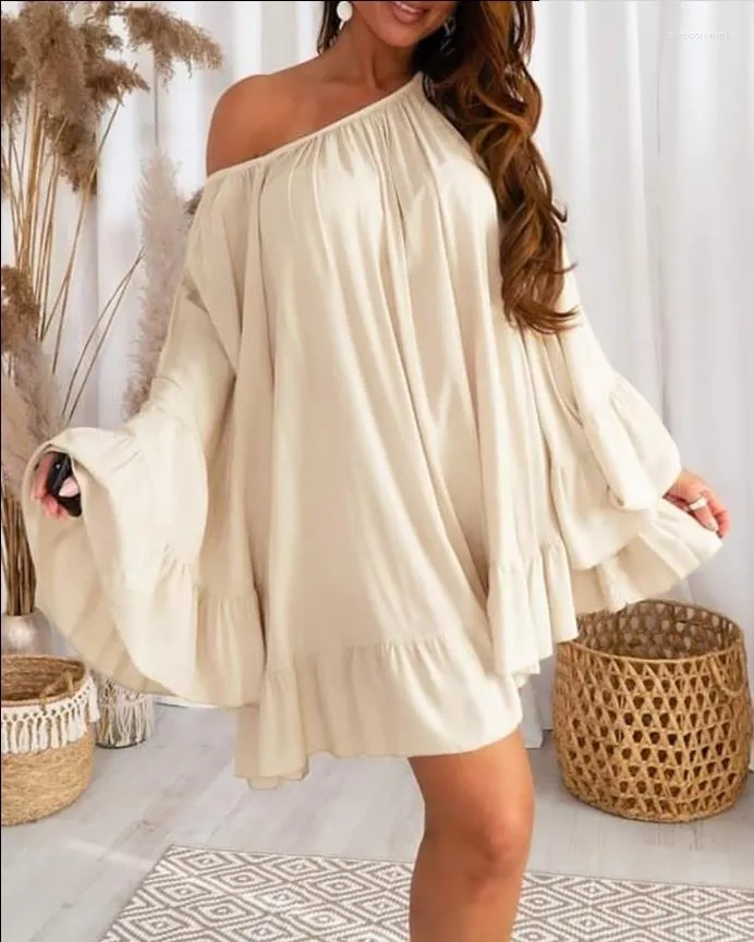 Casual Dresses Women's Sweet Bell Sleeve Ruffle Hem Swing Dress Smock Slash Neck Long Mini Female