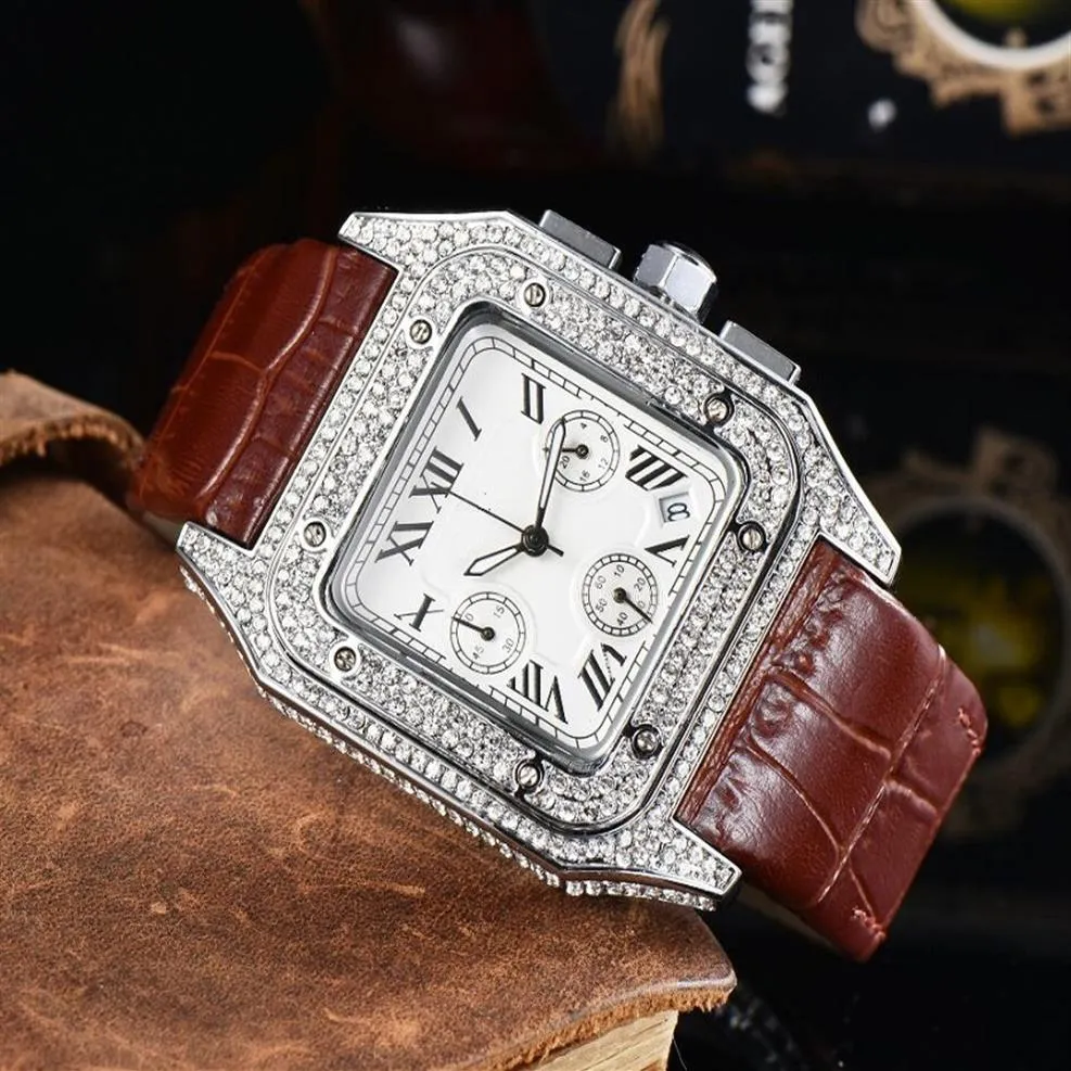 Alla rattor som arbetar Stopwatch Mens Watch Luxury Full Diamonds Watches With Calender Leather Strap Top Brand Quartz Wristwatch för ME3386