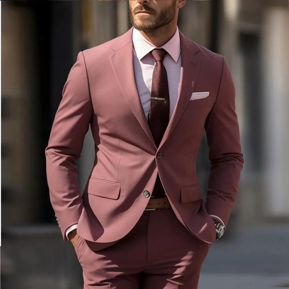 新しいピンクの男性Tuxedos Business Suit Groom Groomsman Prom Wedding Partyフォーマル2ピースセットジャケットとズボン11