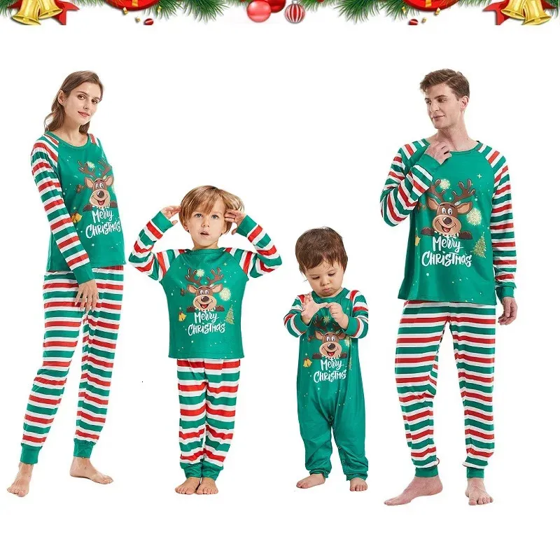 Aile Eşleşen Kıyafetler 2024 Noel Pijamaları Set Mektup Baskı Noel Kıyafet Baba Anne Çocuk Geyiği Topstripe Pants Jammies Bebek Romper 231122