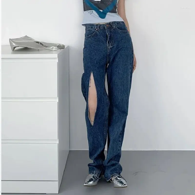 Jeans femininos jeans2023 high street fashion fenda drape linha rasgada reta