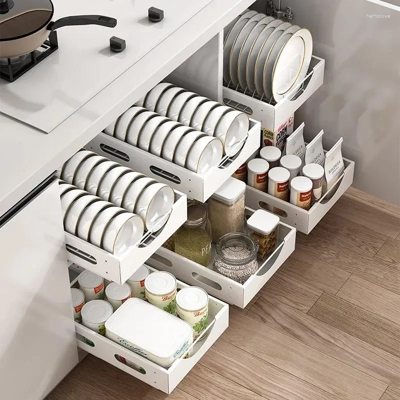 Organizzatore di stoccaggio per la cucina Cassetto divisorio estraibile Armadietto per uso domestico con piastra per rack incorporata