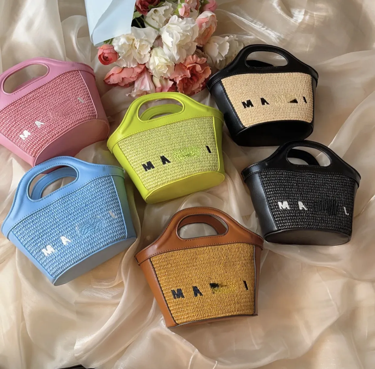 Early Spring Evening Bags New Straw Braided Cowhide Splicing One Shoulder Oblique Span Portable Women's Vegetable Basket