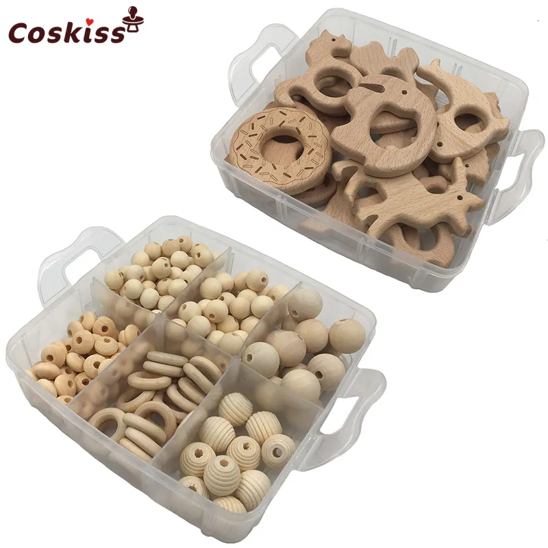 Baby Teethers Toys 2 boxed Quality Wood Baby Teether Nursing Jewelry Beech wooden animal Geometry Wood Beads Creative Wooden Rings Teether 230422