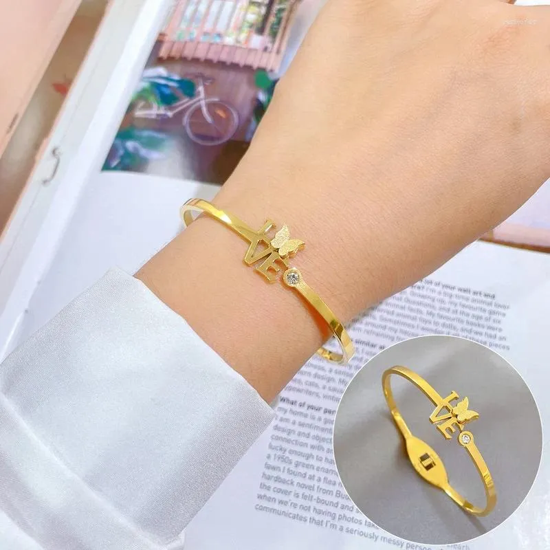 Bangle Fashion Goud Kleur Rvs Vlinder Armbanden Armbanden Voor Vrouwen LIEFDE Zirkoon Leuke Armband Sieraden Party Gift