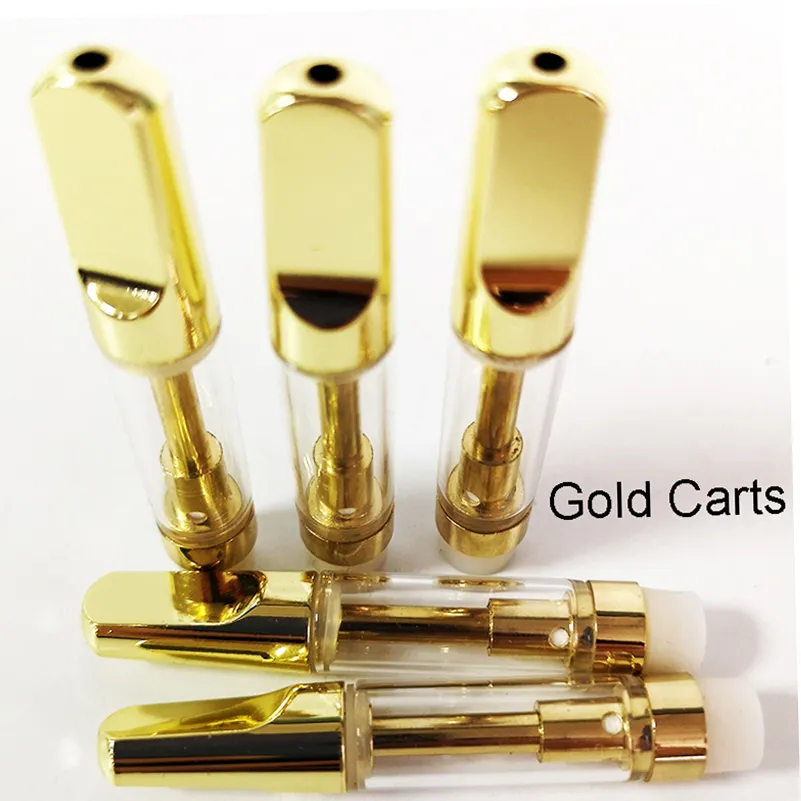 1.0ml Cartuchos Vape E-cigarro Carrinhos de cor de ouro vazios atomizadores de óleo grosso parafuso plano dourado no bocal bobina de cerâmica tanque de vidro 510 thread atomizador logotipo personalizado