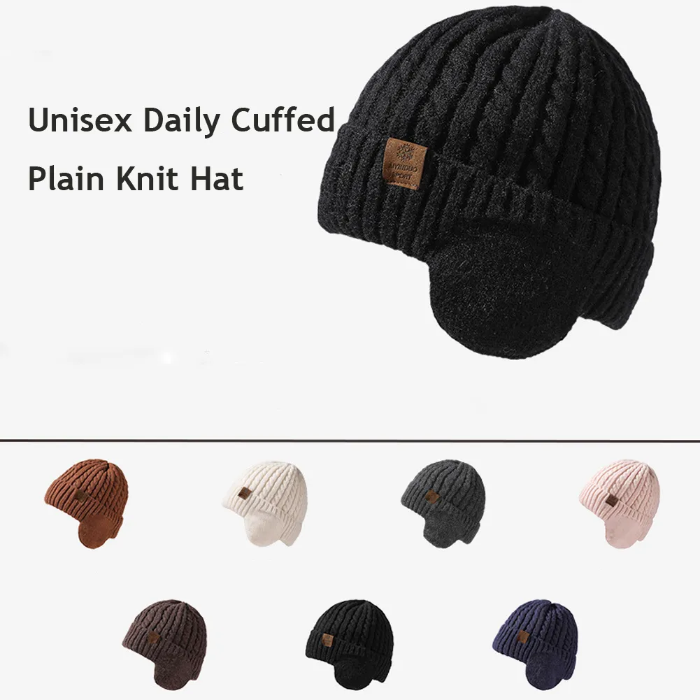 Mens Womens Winter Knitted Double Layers Wool Hat Ear Protection Beanie Thick warm Cable Knit Beanie Cap Hat Daily Rib Cuff Beanie Unisex Daily Cuffed Plain Knit Hat