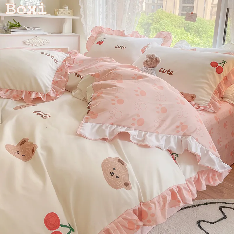 Conjuntos de roupas de cama, estilo de princesa fofa para meninas gêmeas queen rei size de poliéster saia de cama ab ab abaneira de lençol lateral da colcha 230422