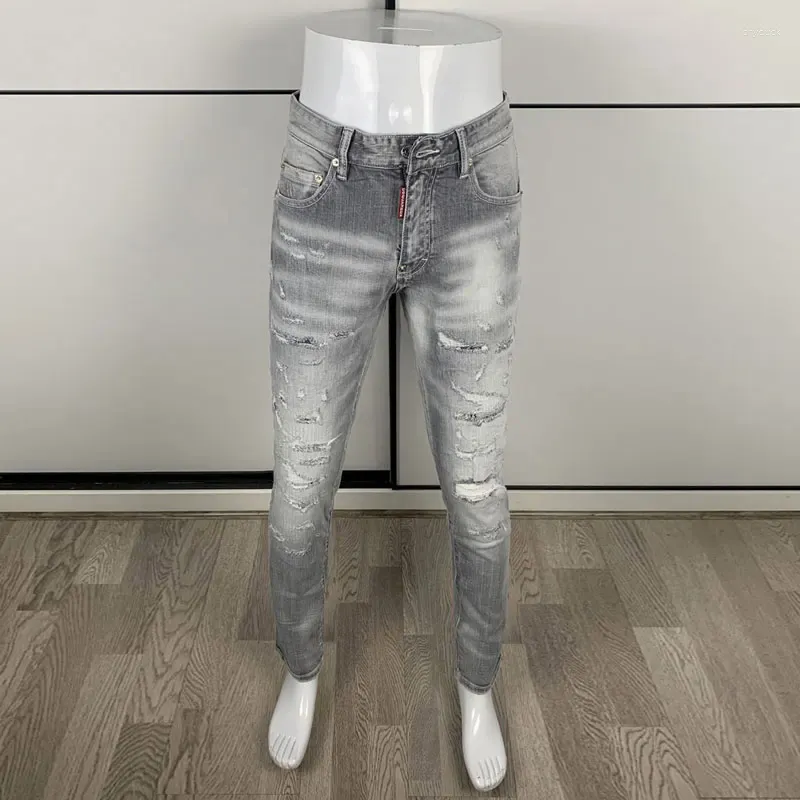 Männer Jeans Street Fashion Männer Hohe Qualität Retro Grau Stretch Skinny Fit Ripped Patched Designer Hip Hop Marke Hosen hombre