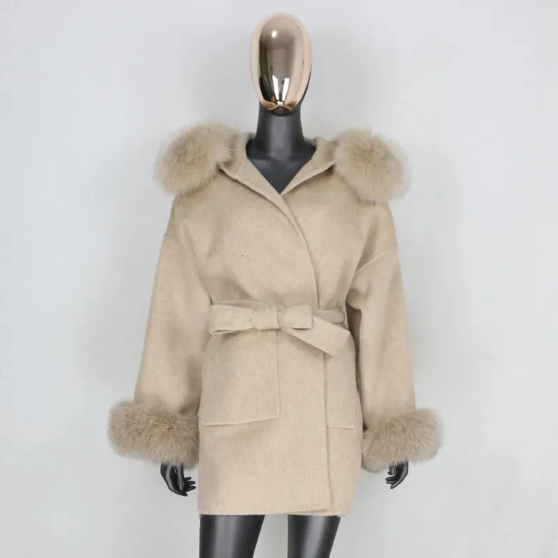 Misturas de lã feminina FURBELIEVE Casaco de pele real Jaqueta de inverno Mulheres 100% Natural Fox Fur Collar Cuffs Cashmere Wool Blends Oversize Outerwear 231122