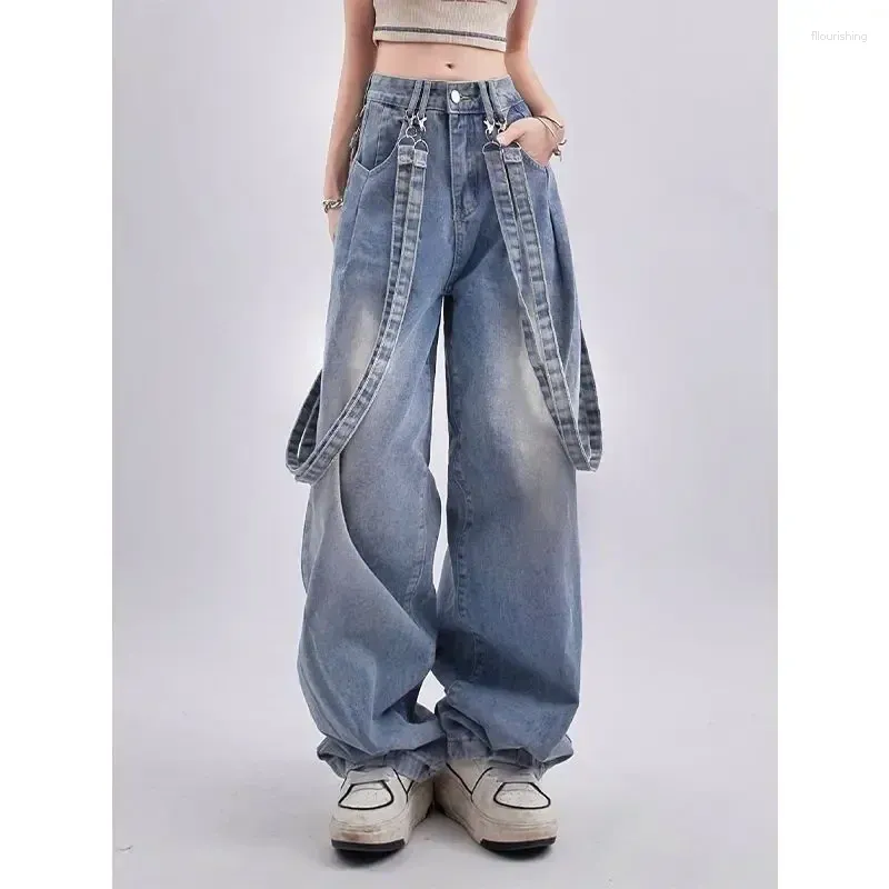 Dżinsowe dżinsy kobiety z klamrą wstążkową jeansową dżinsową spodni talii Y2K Pants Harajuku Casual Bf chłopak luźne proste workowate dżinsy plus size