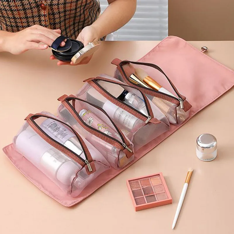 Cosmetic Bags Cases 4pcs In 1 Detachable Makeup Women Zipper Mesh Large Capacity Cosmetics Pouch Foldable Portable Travel Wash Storage 230421