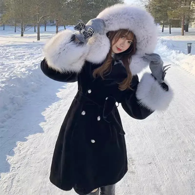 Col à capuche en fourrure pour femmes épaissir chaud manteaux élégants avec ceinture coréen hiver femme Double boutonnage pardessus longue veste dame vêtements d'extérieur