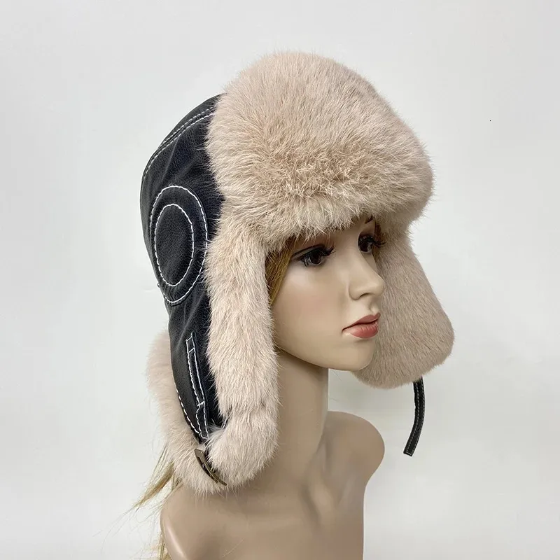 Trapper Hats Mens 100% Natural Rabbit Fur Bomber Winter Russian Man Warm Real Sheepskin Leather Hat Male Caps 231122