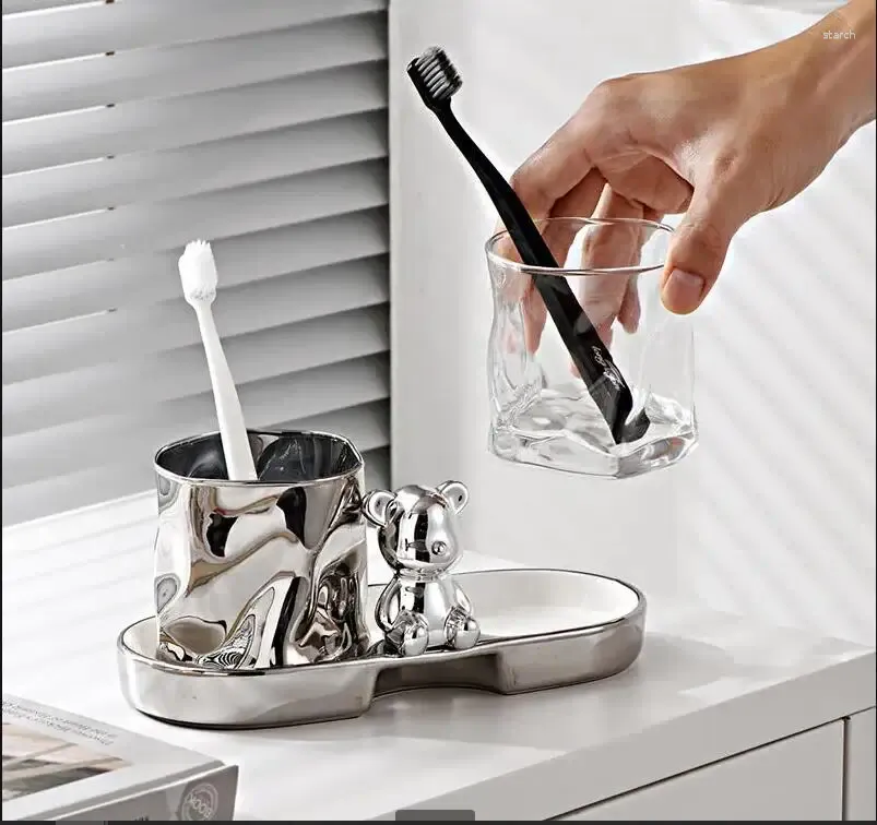 Badtillbehör Set Luxury Glass Ceramic Mouthwash Cup Creative Couple Washing Tooth Brush Holder Modern Style Home Badrumstillbehör