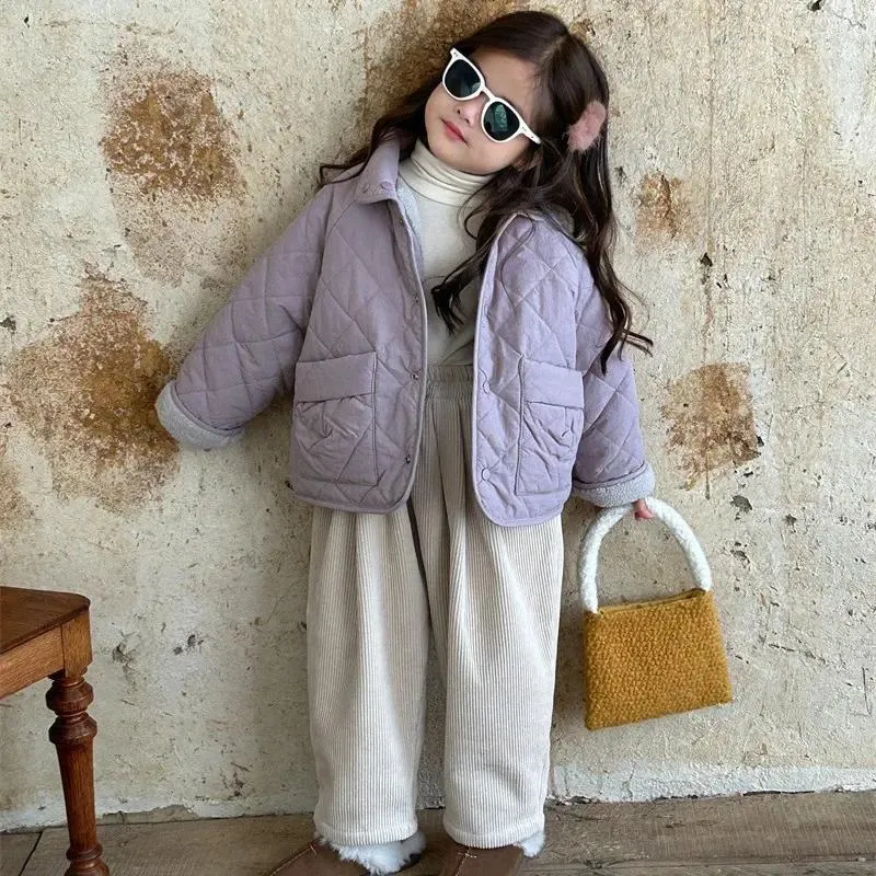 Jackets Kids Coat 2023 Winter Children Wear Korean Style Girls Inside Lamb Wool Quilted Cotton Girl