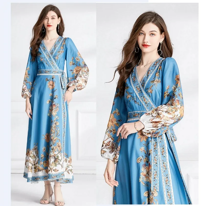 Retro Floral Blue Party Wrap Dress Women Designer Lantern Sleeve V-Neck Slim Side Lace Up Bow Elegant Fit Vacation Maxi Dress 2023 Spring Fall Fashion Runway Frocks