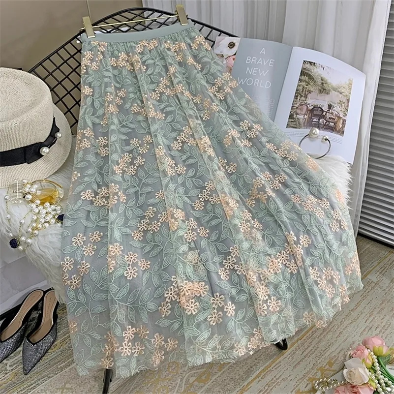 Jupes Vintage Broderie Tulle Jupe Femmes Printemps Fleur Élastique Taille Haute Plissée Midi Jupe Style Coréen Élégant A-ligne Mujer Falda 230422