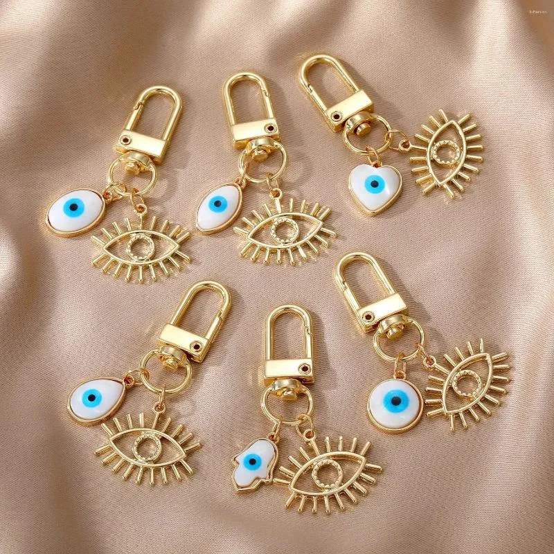 Keychains 20pcs White Heart Palm Blue Evil Eyes Key Ring Fashion Hollow Eyelashes Lucky Turkish Keychain Lobster Clasp Holder Accessories