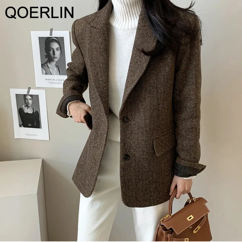 Kadınlar Suits Blazers qoerlin% 10 yün blazer ceket sonbahar kış kadınlar zarif tek göğüslü cep ofisi giymek çentikli yakalı kalın blazer ceket 231121