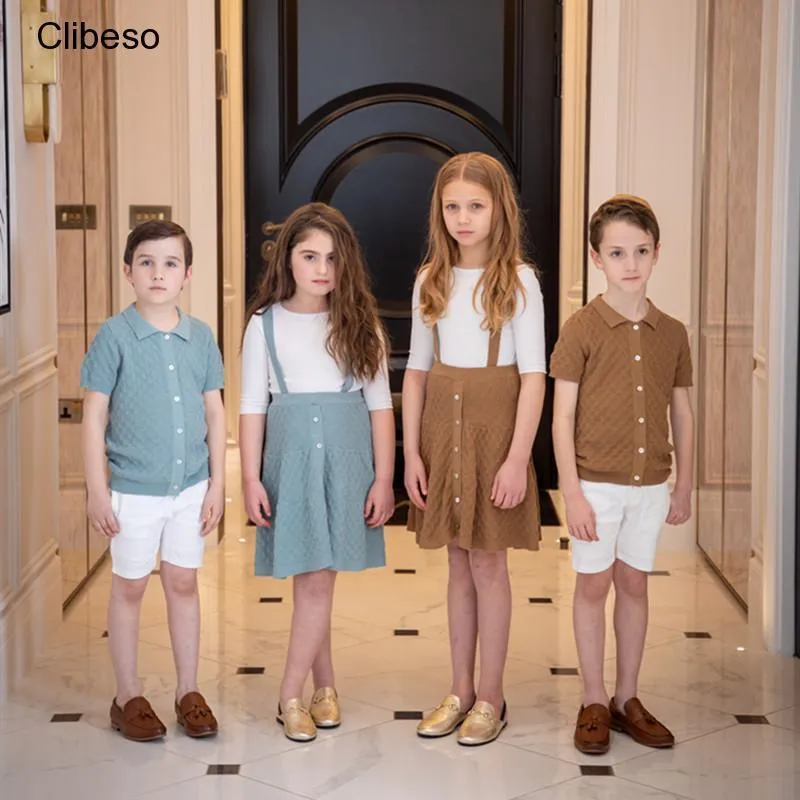 Family Matching Outfits Brother Sister Matching Clothes Summer Boys Girls Knitted Outfit Teenagers Thin Polo Shirt Cardigan Teens Skirts Baby Short 230421