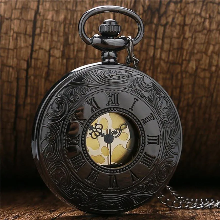 Steampunk rétro complet noir unisexe Quartz montre de poche numéro romain boîtier hommes femmes affichage analogique montres horloge pendentif chaîne Gif257P