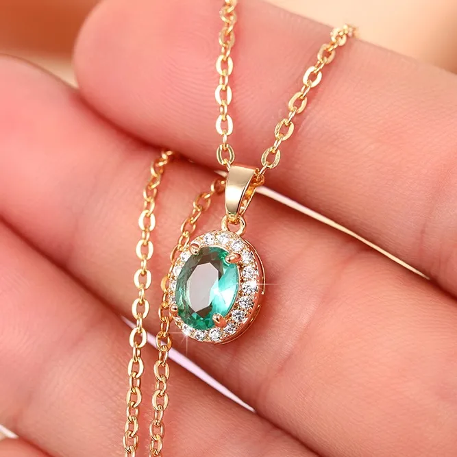 Temperament Oval Green CZ Pendant Necklace Women Delicate Wedding Party Neck Accessories Nyligen smycken Fancy Gift