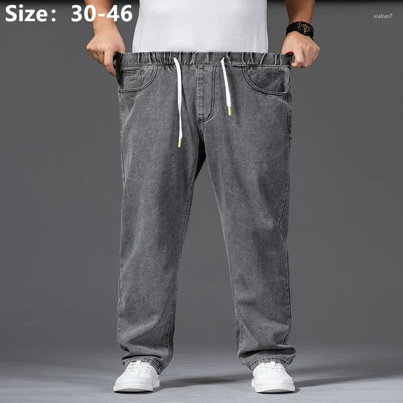 Men's Jeans Thick Thigh Wide Leg For Men Autumn Straight 140KG Stretched Gray Denim Trousers Elastic Waist Plus Size 42 46 Male Pants