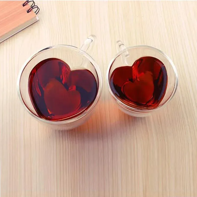 Tassen Herz Liebe Form Glas Kaffeetasse Tasse Doppelwand Trinken Tee Milch Saft Wasser Gläser Hitzebeständige Trinkgeschirr Set Liebhaber Geschenk 231121