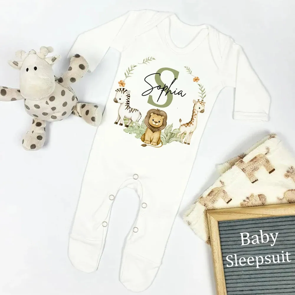 Strampler, personalisierter Baby-Strampler, Schlafanzug, Waldtier-Kranz-Druck, individuelles Coming-Home-Outfit für Babys, Geschenk für die Dusche, 231122