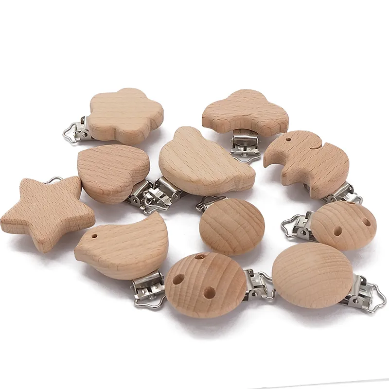 Baby Teethers Toys Chenkai 50PCS Wooden Bear Flower Car Heart Bird Elephant Round Star Clips BPA Free For DIY Baby Nature Pacifier Chain Gifts 230422