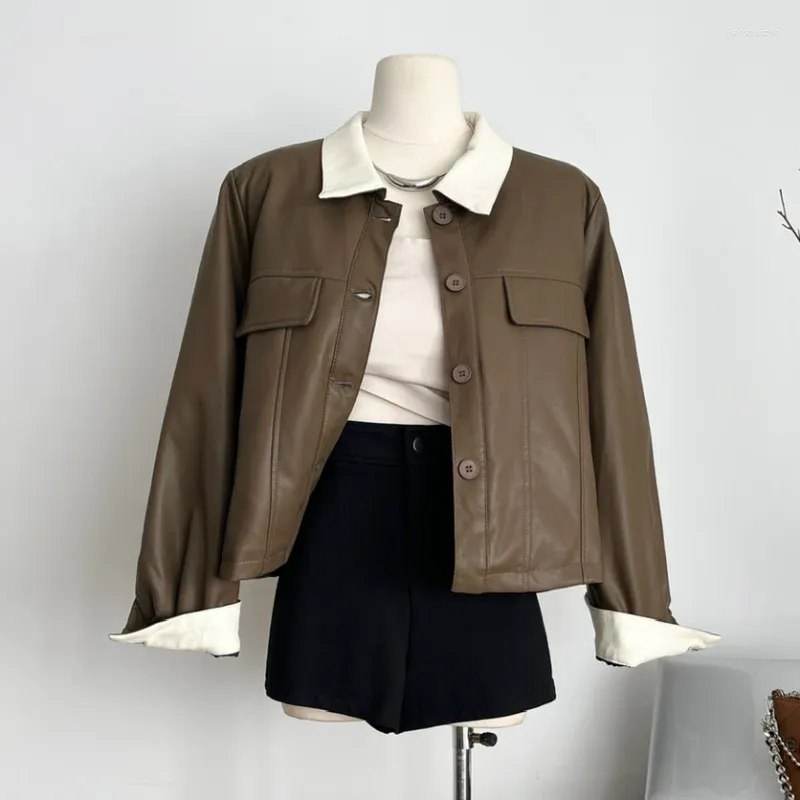 Women's Jackets Small Fragrance Leather Color Matching Fashion Casual Coat Spring Autumn Black Brown Simple Korea Basic Jacket Women