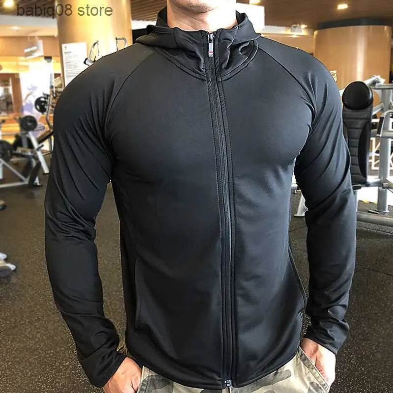 Spor Salonu Giyim Erkekler Koşu Eğitimi Hoodies Elastik Nefes Alabilir Kapüşonlu Fermuar Up Hızlı Kuru Kapüşonlu Adam Egzersiz Fitness Spor Giyeri Spor Salonu Black T230422