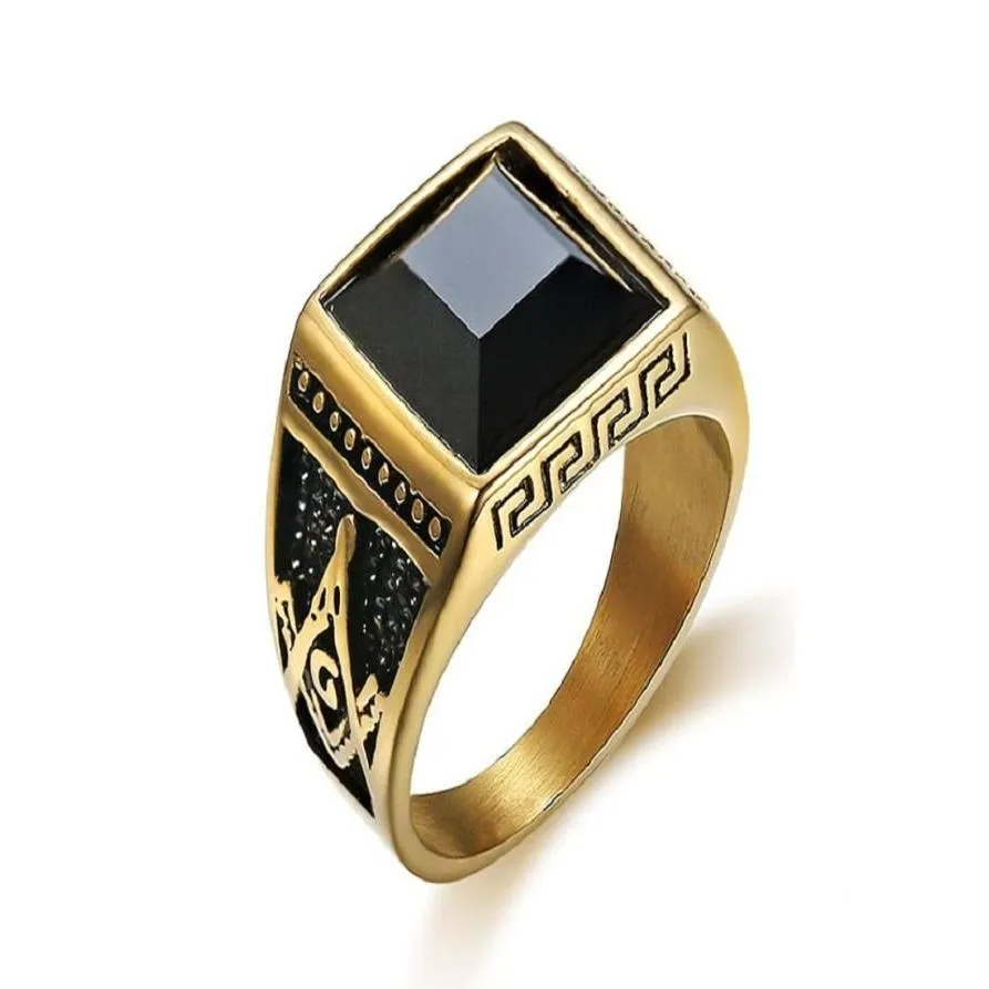 Band Rings Gold Color Stainless Steel Men Masonic Rings Setting Black Big Stone Mason Ring For Jewelry2725762 Drop Delivery Jewelry Ri Dhjjw