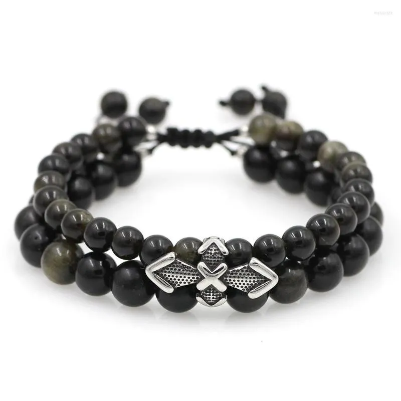 Strand Stainless Steel Cross Natural Double Line Obsidian Stone Bead Bracelet Tiara Bracelets Fashion Braid For Women Men