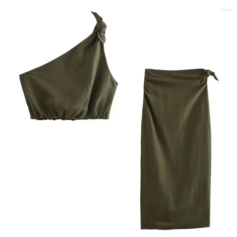 Skirts Women Solid 2 Piece Set Fashion Knot Asymmetric Sleeveless Top High Waist Slit Midi Skirt Suit Casual Street Outfit