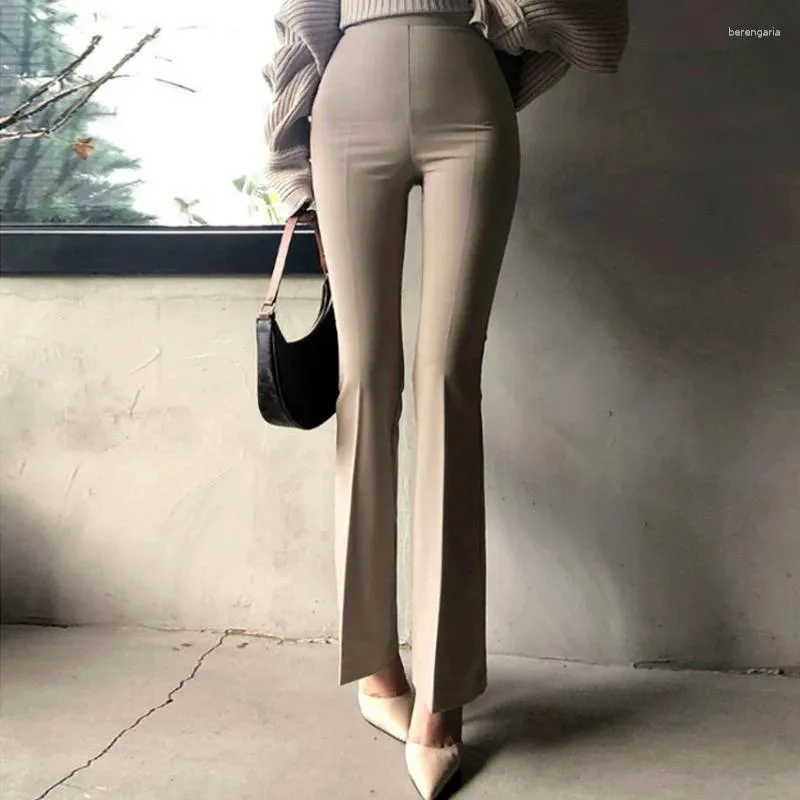 Женские брюки, шикарные корейские модные женские брюки, брюки-клеш, женские брюки с высокой талией на молнии, женская уличная одежда