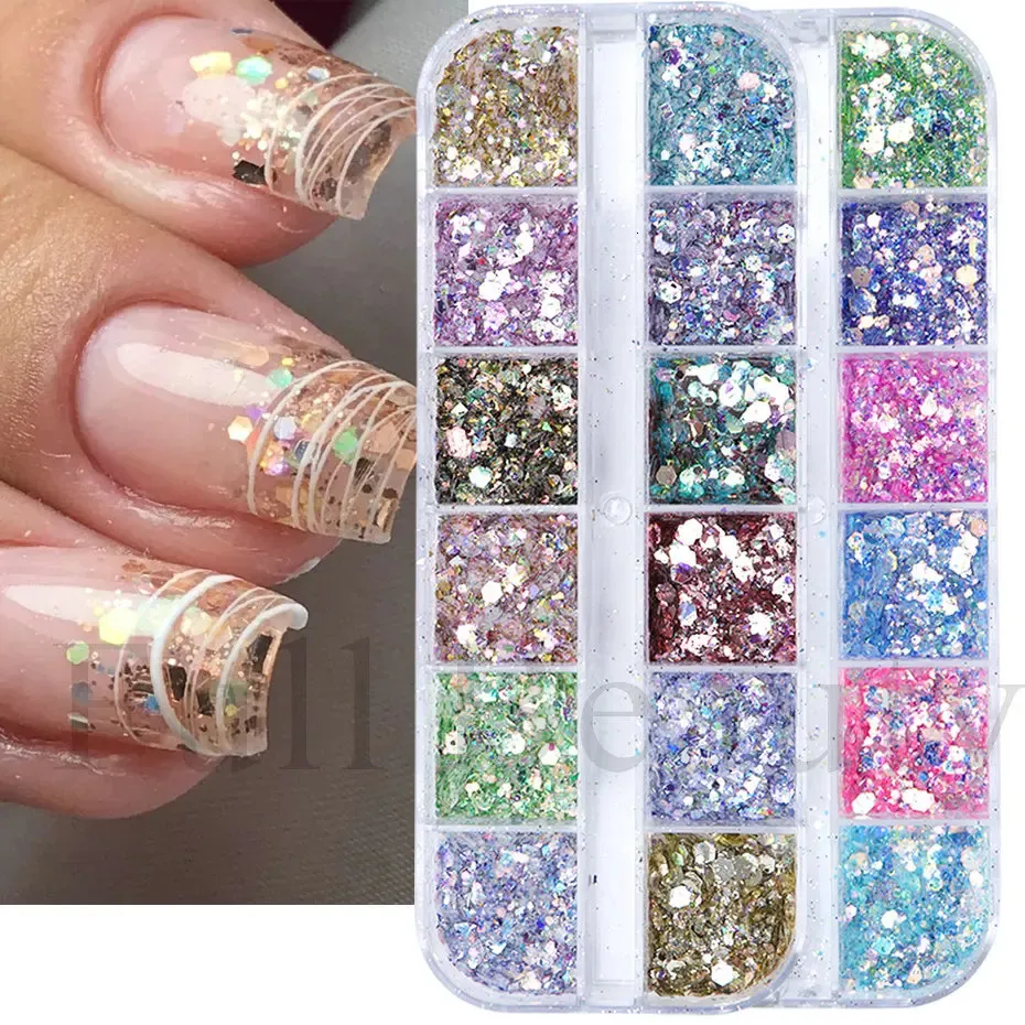 Acrylpulver Flüssigkeiten 1Box Mermad Iridescent Hexagon Nail Art Glitzer Pailletten Holographische Flockenpulver Paillette Gelpoliermittel Dekorationen für Nägel LYDJ 231121