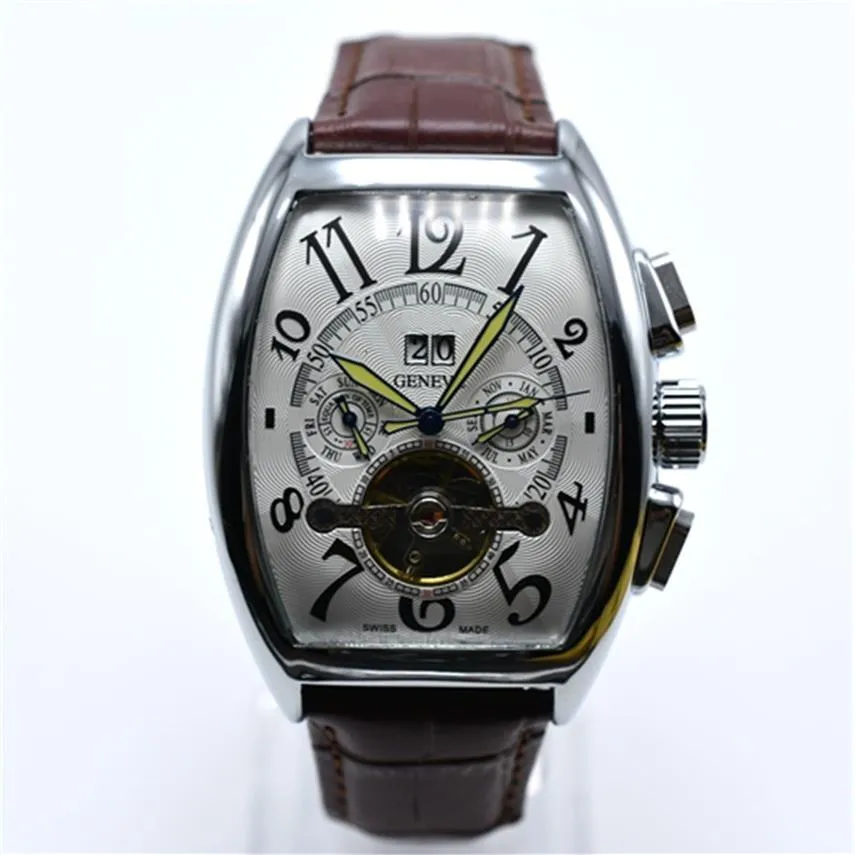 AAA Geneva Luxury Brand Leather Mechanical Automatic Mens Watches Drop Tourbillon Skeleton Gold Men armbandswatch301l