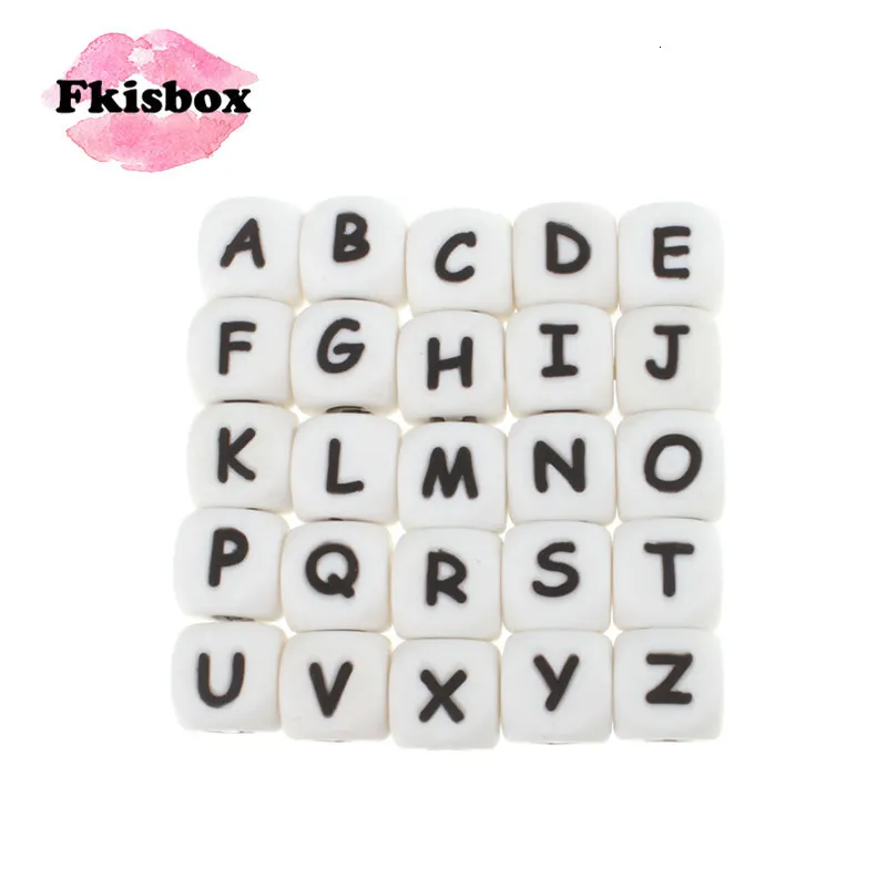Baby Teethers Toys Fkisbox 100pcs/lot 12mm Letter Silicone Beads Alphabet Spelling Name Bpa Free Baby Teething Teether Necklace Pacifier Chain DIY 230422