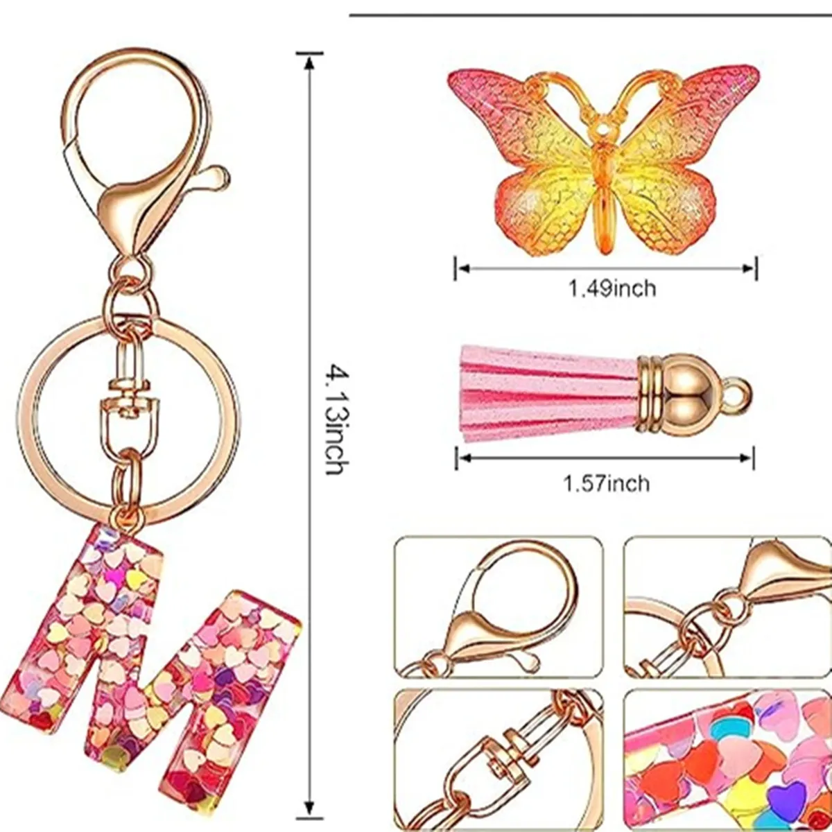 Personalized Initial Keychain For Girls - Resin Letter With Butterfly & Heart Sequins, Pink Tassel - View #3