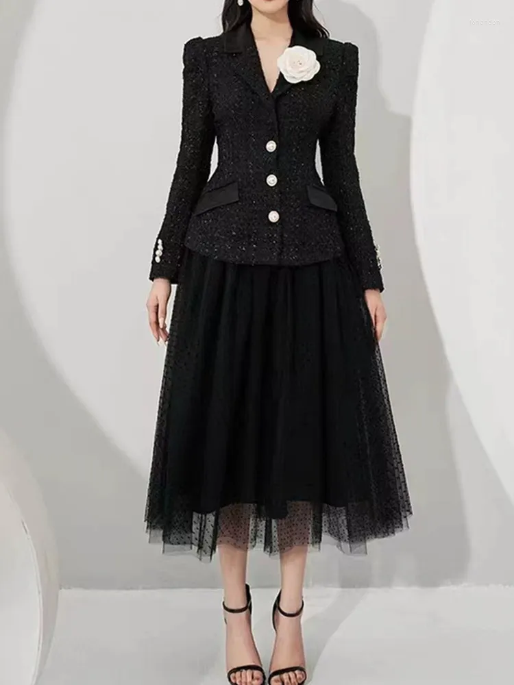 Рабочие платья SMTHMA, модные комплекты из двух предметов высокого качества для женщин, черный шерстяной пиджак с лацканами и длинным рукавом, пальто, комплект с сетчатой юбкой с эластичной резинкой на талии