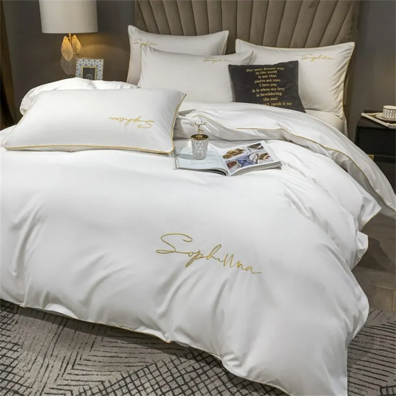 Bedding sets High End Skin Friendly Set Queen Luxury Embroidery Duvet Cover with Flat Sheet Simple Durable King Size s 230422