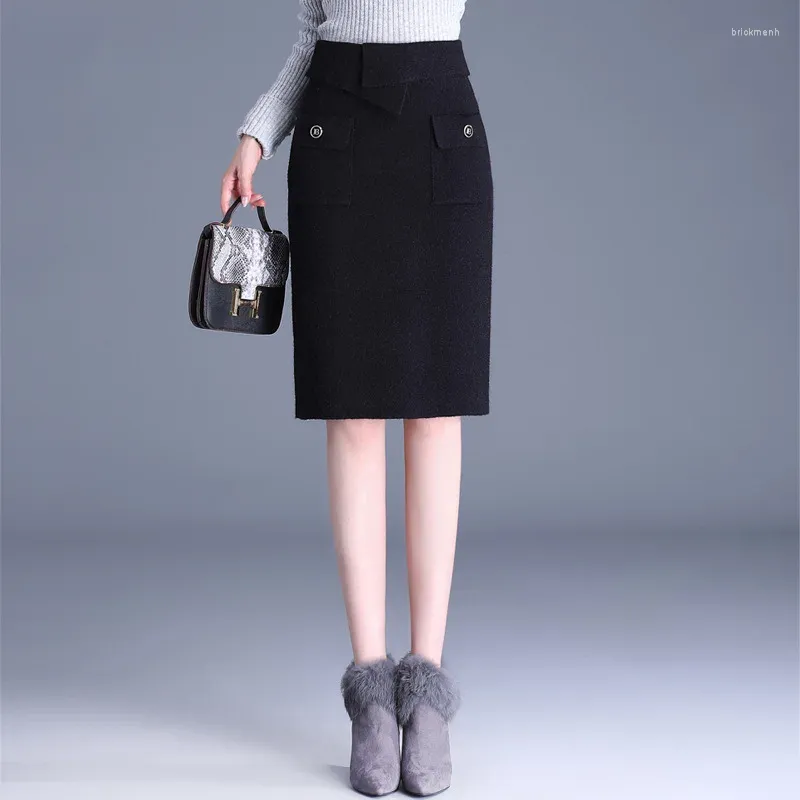 Skirts Autumn Winter Knitting Wool Bodycon Black Skirt Women Elegant Chic Slim Fit Casual Office Lady Knee-length Pencil 509L