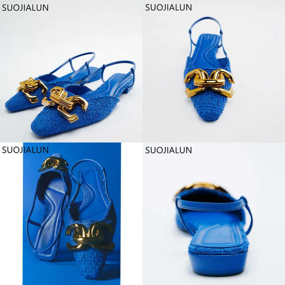 Sandalias primavera nueva marca mujer sandalia moda hebilla poco profunda señoras elegantes mulas azules tacón plano vestido femenino diapositivas zapato 230316