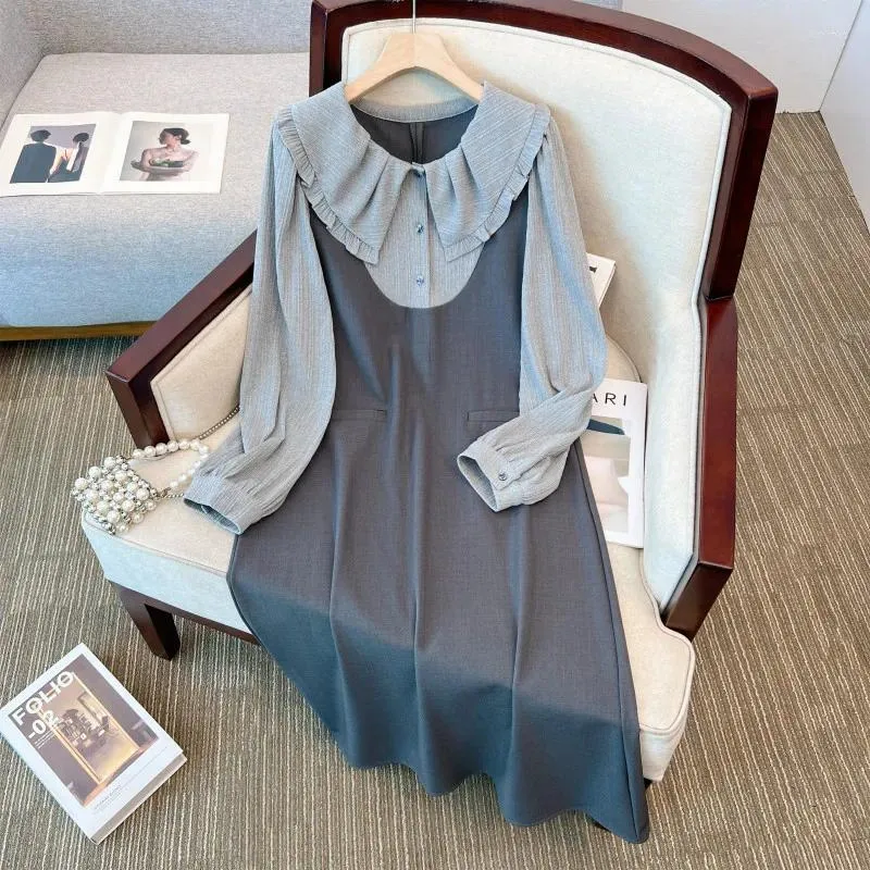 Casual Dresses Plus Size Women's Clothing 2023 Autumn Winter Loose French Style Patchwork Color Office Lady Vestidos Female Robe Ke8096