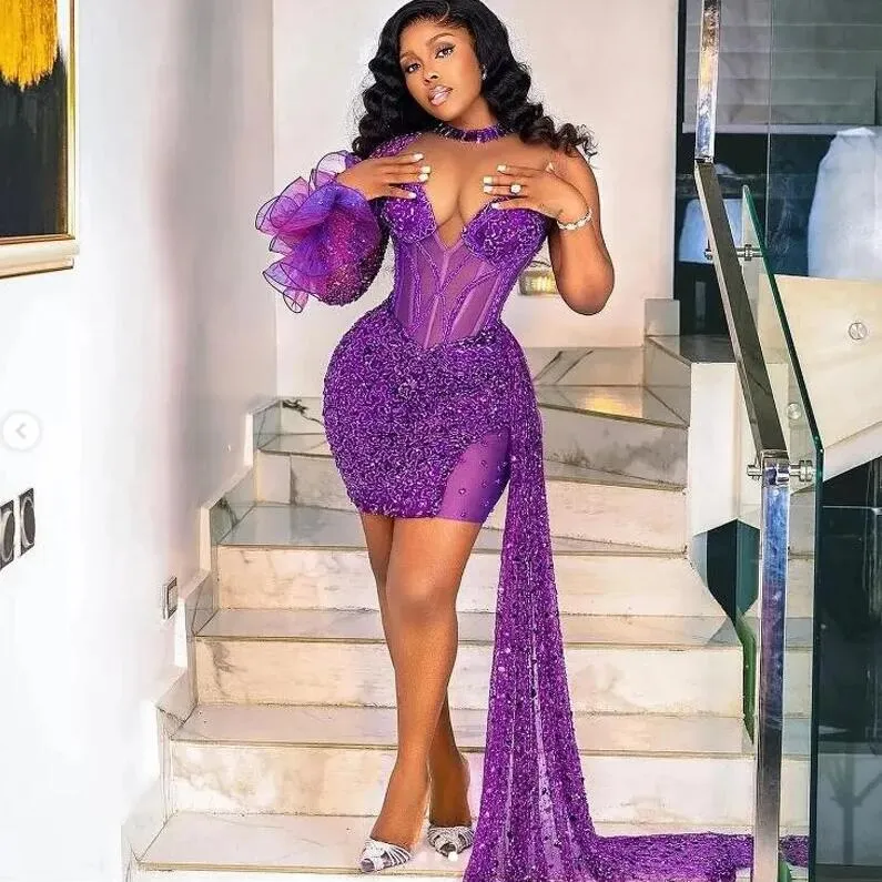 Robe de bal courte à paillettes violettes et perles, avec traîne latérale, tenue de cocktail formelle pour filles noires, col transparent, Aso Ebi