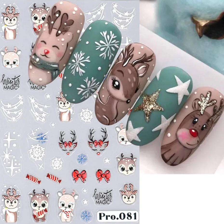 Autocollants décalcomanies 5D en relief Elk Nail Art autocollant mignon père Noël flocon de neige bonhomme en pain d'épice sculpté curseur décoration à la main 231121